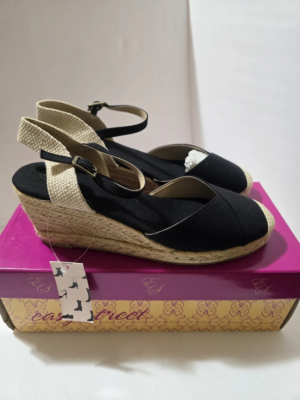 easy street Black and Natural Espadrille Wedge Sandals